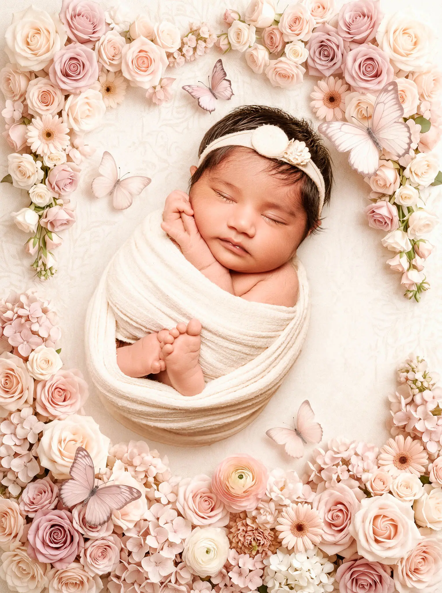 Sleeping newborn wrapped in cream with soft flowers